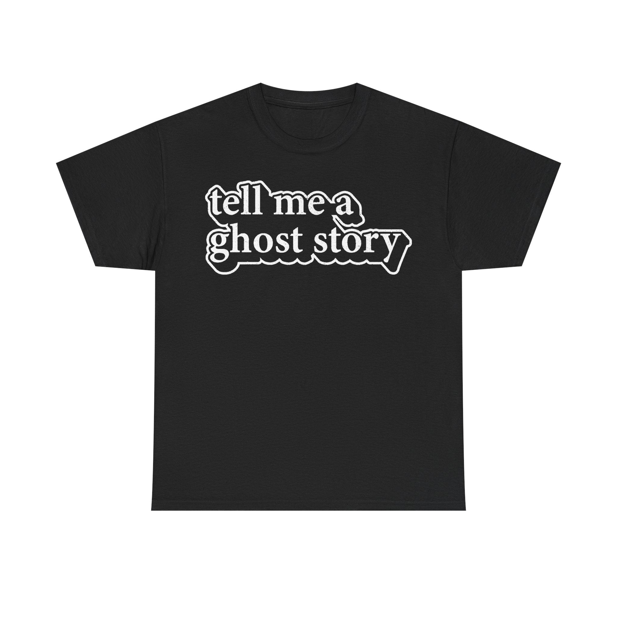 Tell Me A Ghost Story White Outline Typography Shirt For Halloween Fans And Ghost Lore Lovers
