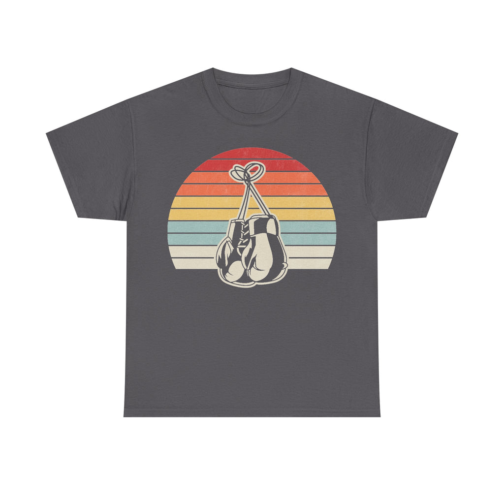 T-shirt with vintage 70s sunset graphic and hanging boxing gloves on charcoal gray fabric