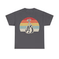 T-shirt with vintage 70s sunset graphic and hanging boxing gloves on charcoal gray fabric