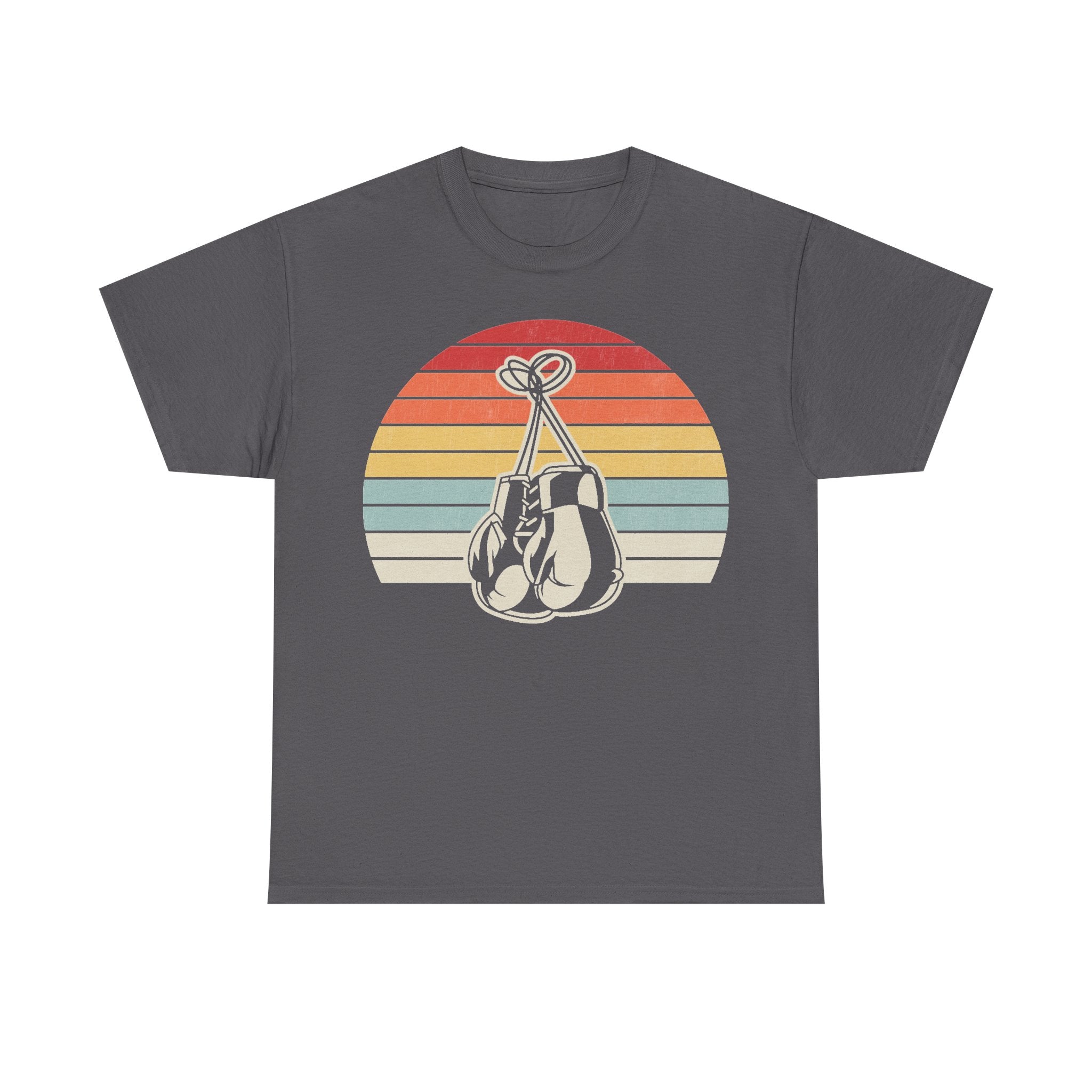 T-shirt with vintage 70s sunset graphic and hanging boxing gloves on charcoal gray fabric