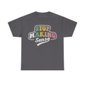 T-shirt showcasing retro rainbow STOP MAKING SENSE typography on dark gray tee graphic