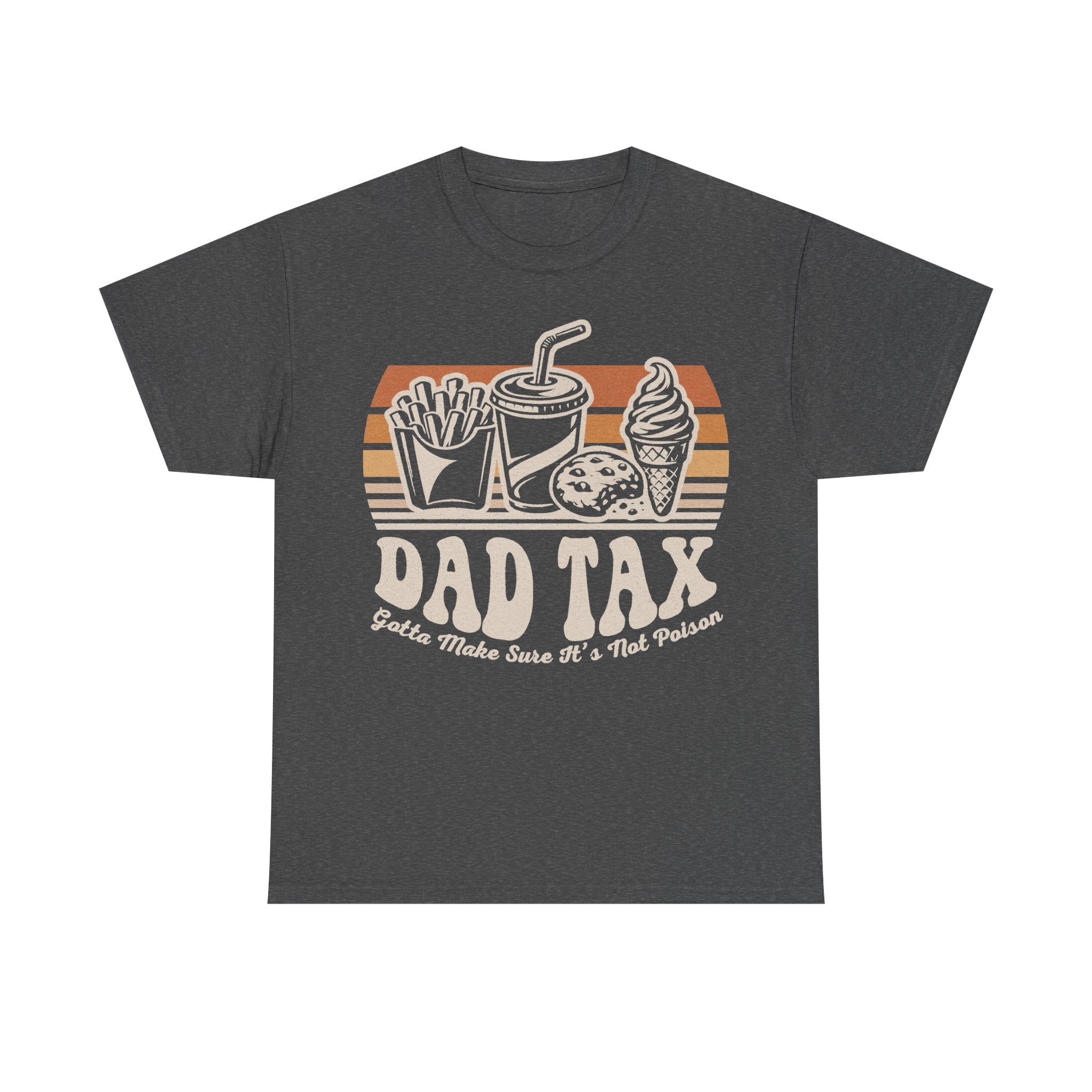 T-shirt in dark gray with retro fast-food tray illustration (fries, drink, ice cream) and DAD TAX text.