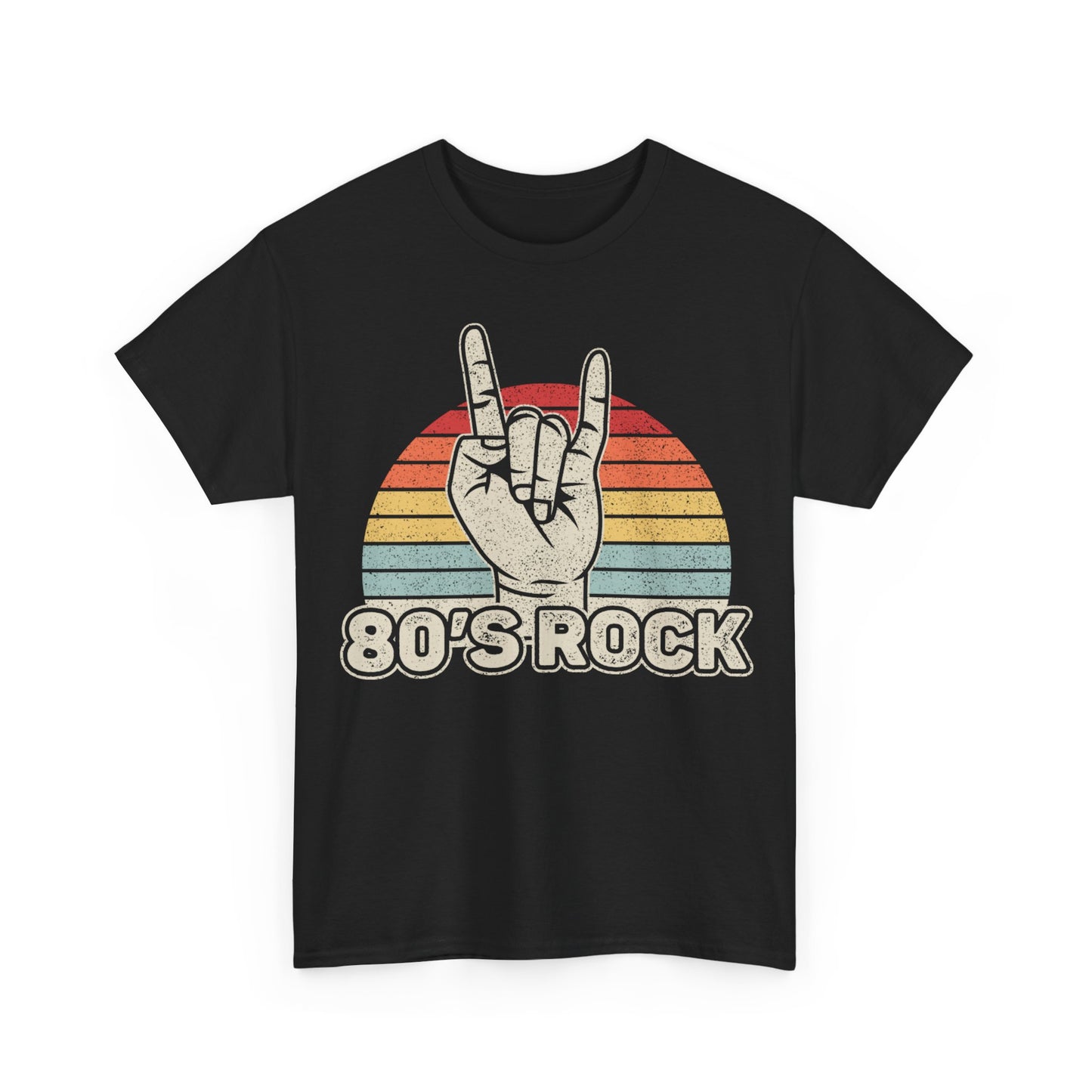 80's Rock T-Shirt — Retro Sunset Hand Horns Tee for Classic Rock Fans