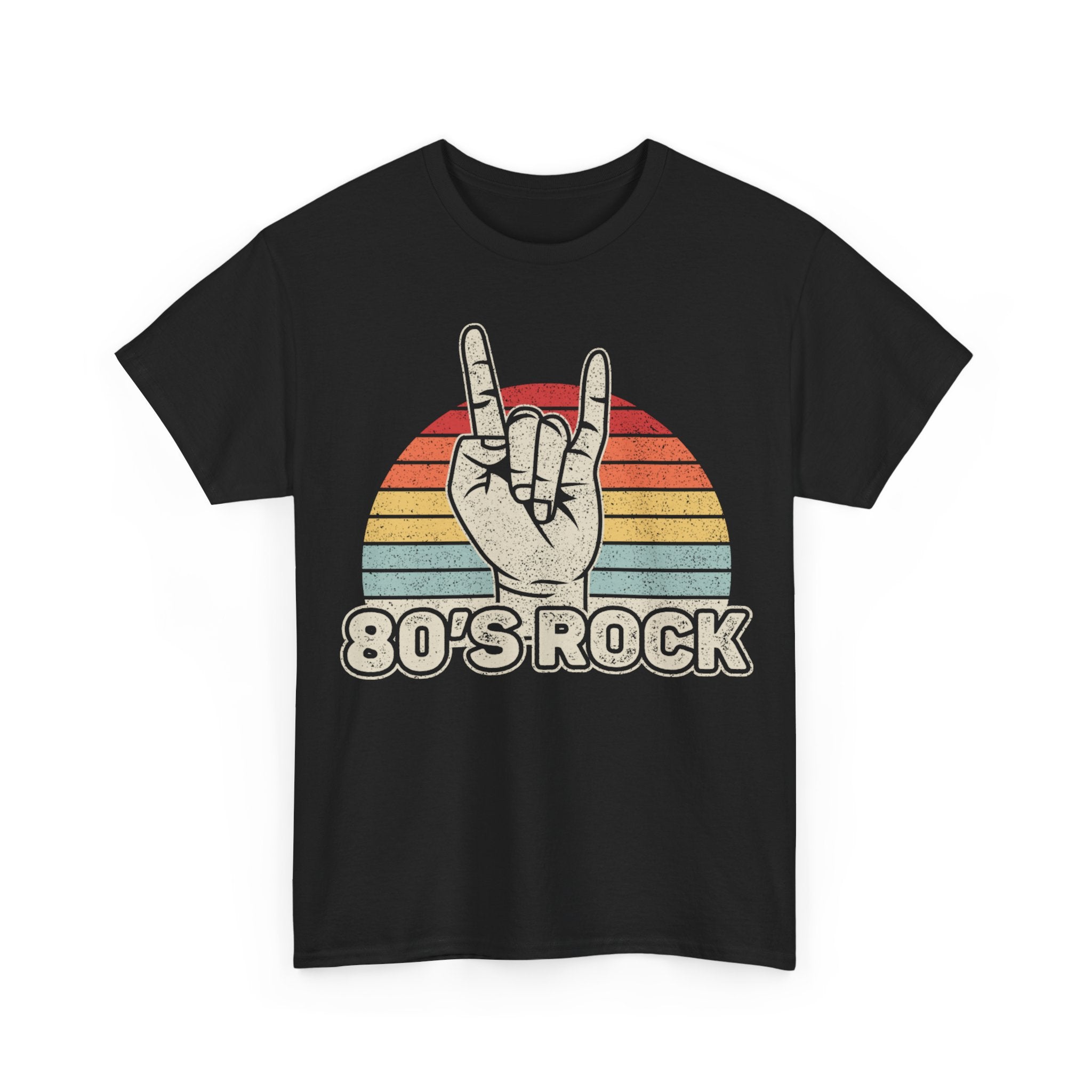 80's Rock T-Shirt — Retro Sunset Hand Horns Tee for Classic Rock Fans