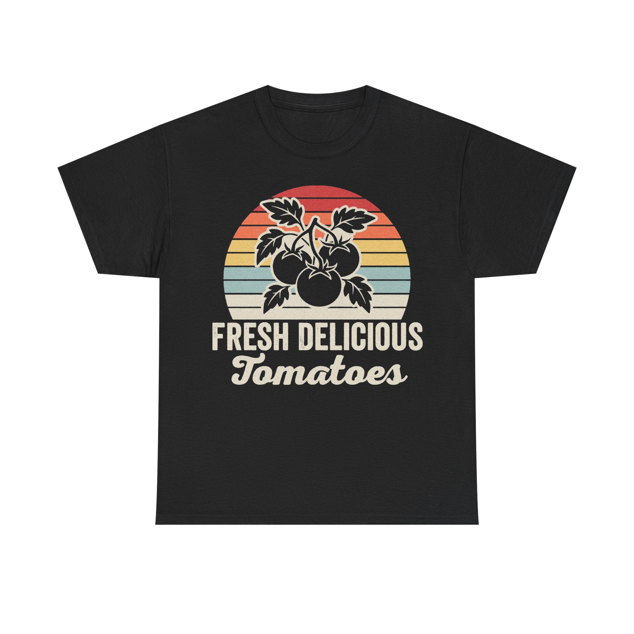 Black T-shirt with retro circular sunset design featuring white tomato plant silhouette and Fresh Delicious Tomatoes.
