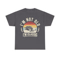 Funny I'm Not Old I'm Classic Retro Car T-Shirt, charcoal gray with circular rainbow sunburst and vintage car graphic