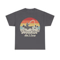 Gray T-shirt with retro sunset fishing graphic of a fisherman in a boat, colorful stripes, and the phrase Hookin' Ain't Easy.