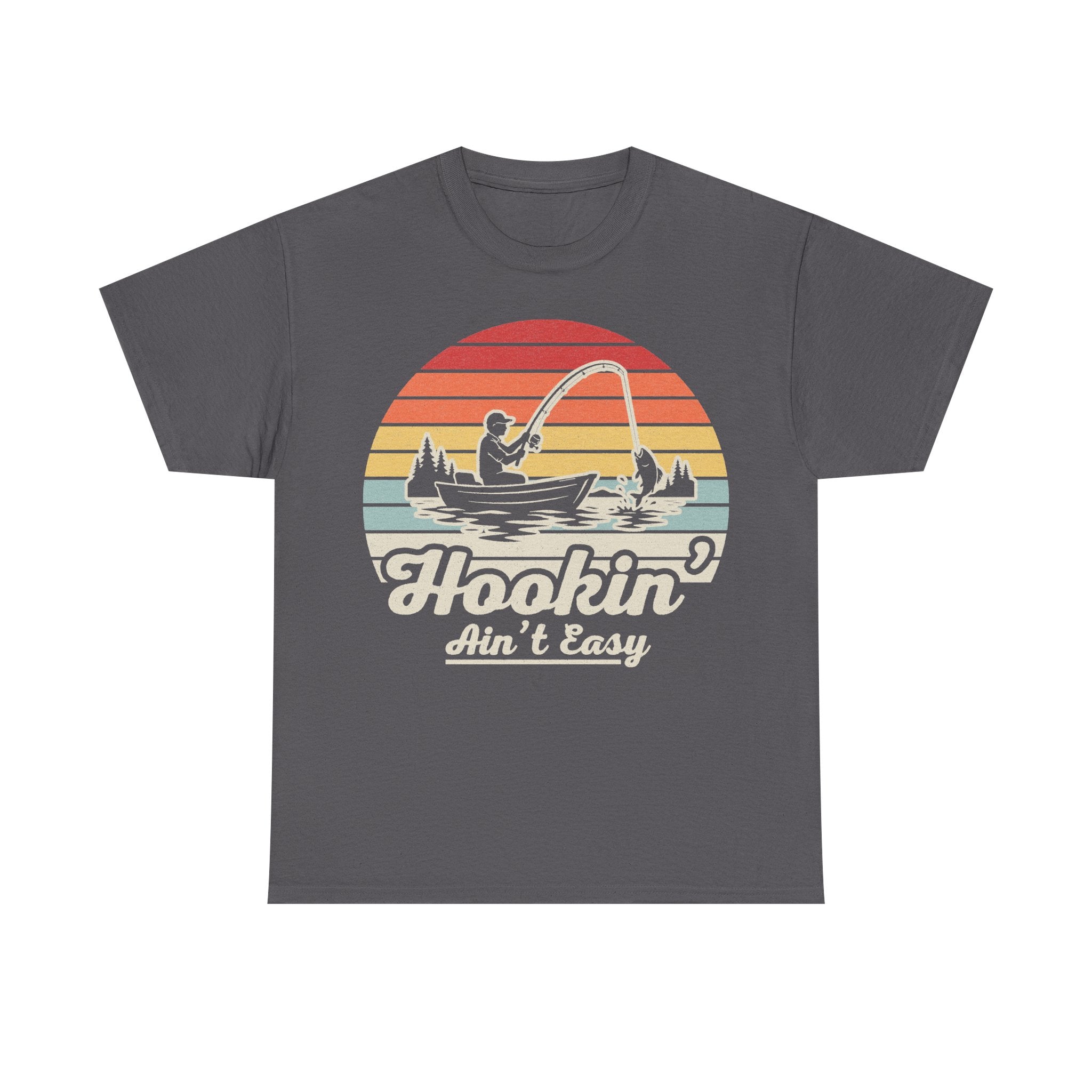 Gray T-shirt with retro sunset fishing graphic of a fisherman in a boat, colorful stripes, and the phrase Hookin' Ain't Easy.