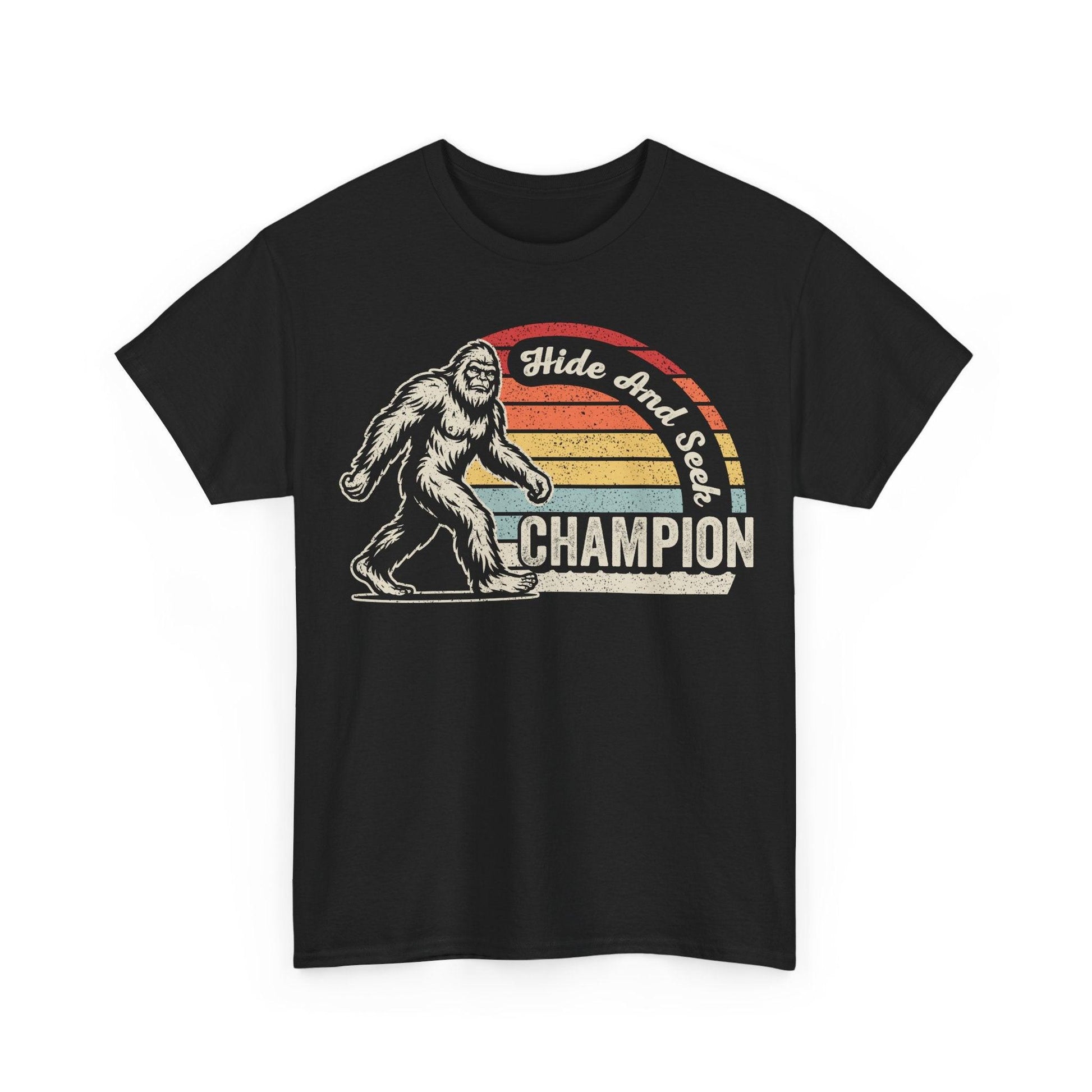Vintage Bigfoot Hide and Seek Champion T-Shirt with retro sunset and friendly Sasquatch graphic on soft cotton