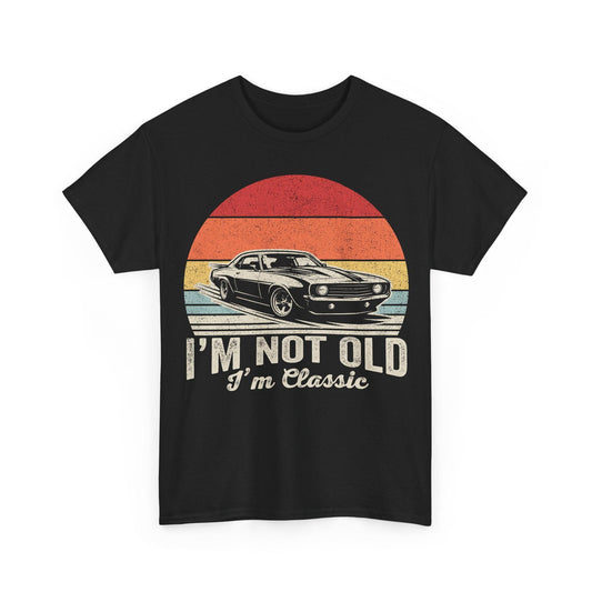 Classic car t-shirt with vintage muscle car graphic and retro sunset stripes, featuring distressed "I'm Not Old, I'm Classic" typography