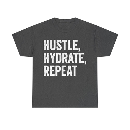 Unisex charcoal T-shirt with bold distressed white HUSTLE, HYDRATE, REPEAT text printed by Printify
