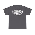 Dark gray T-shirt with white circular retro typography reading Sunshine Is My Coping Mechanism.