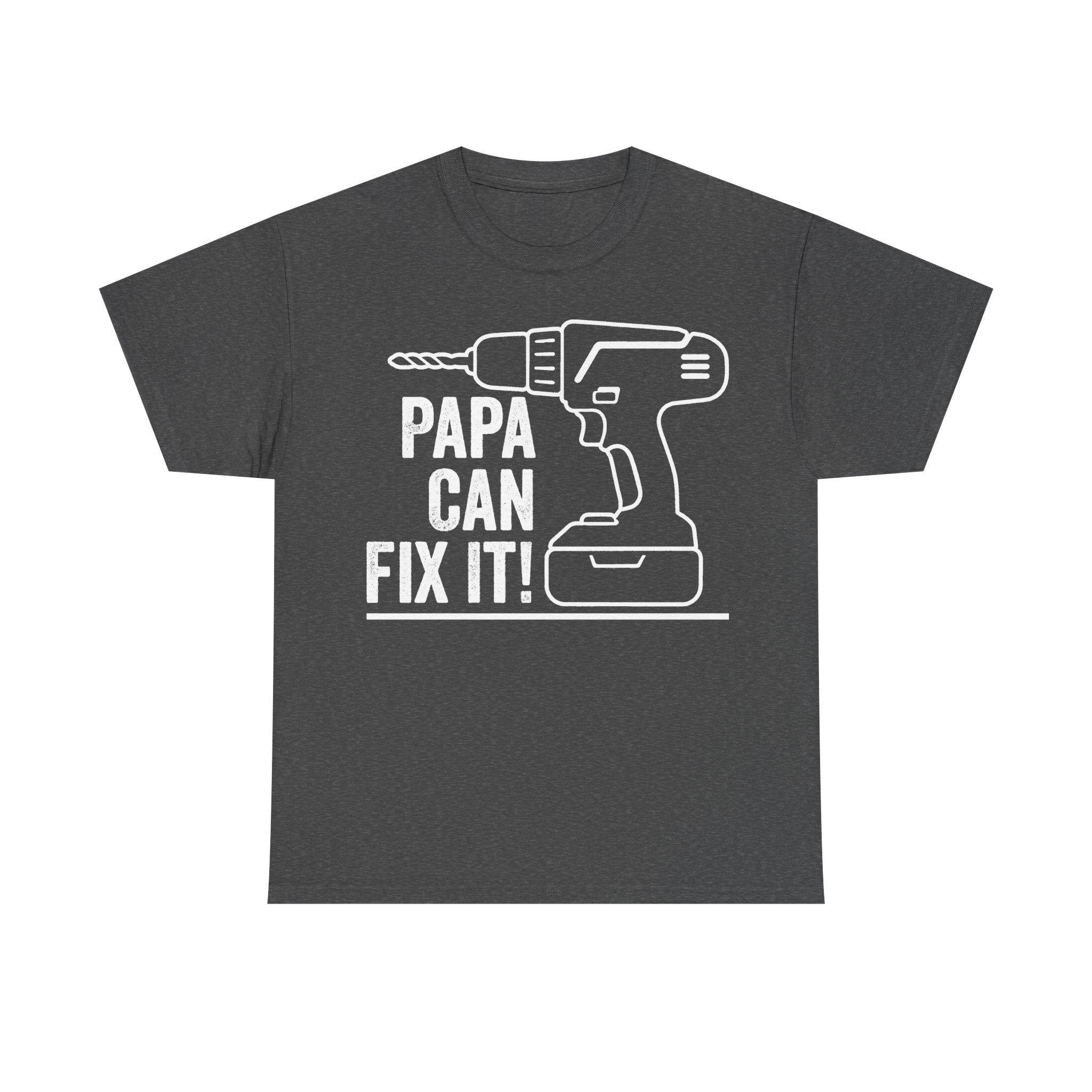 T-shirt, charcoal black with white power drill line-art graphic and DAD CAN FIX IT text