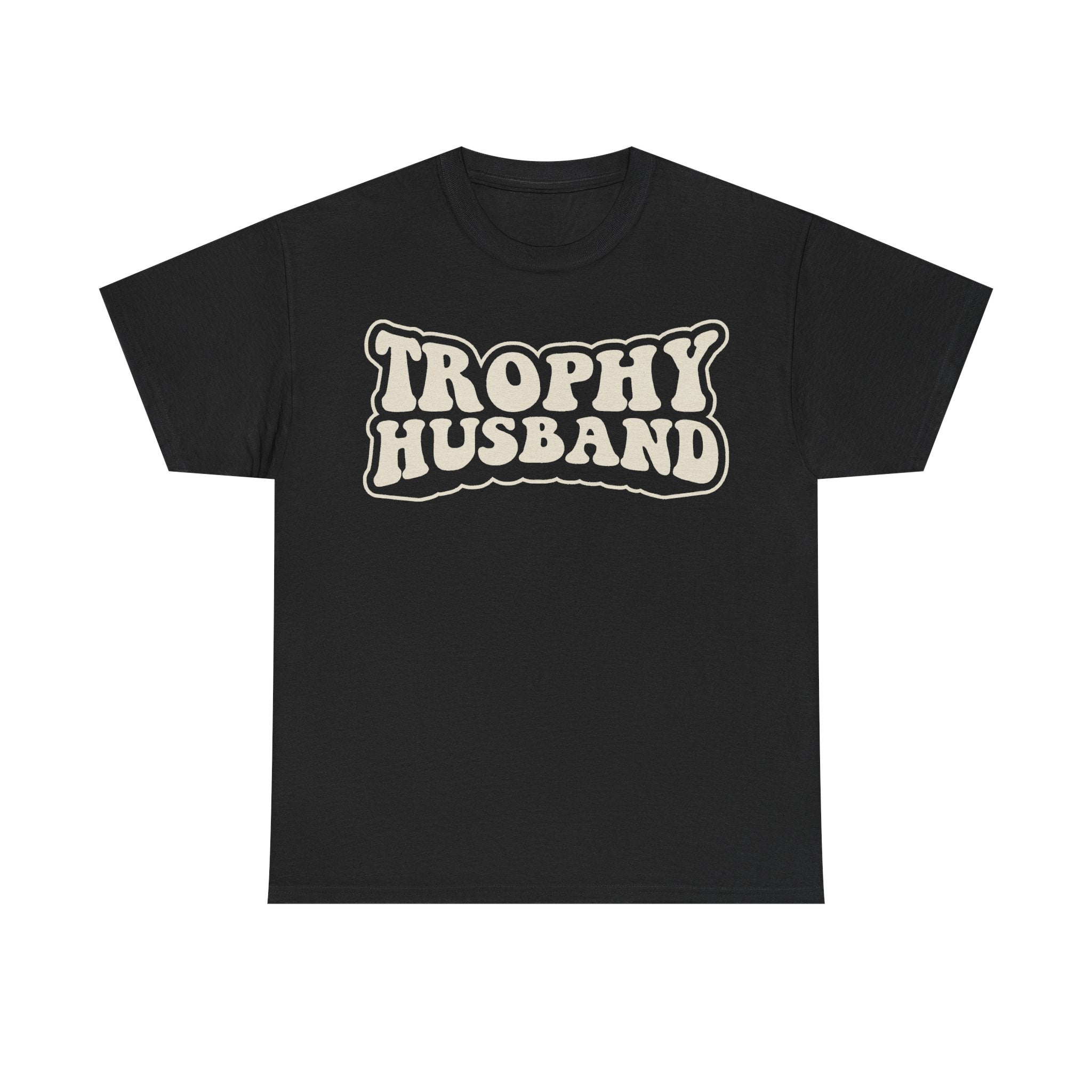 Vintage Trophy Husband Tee With Cream Retro Typography On Black Cotton Shirt Bold Center Chest Design