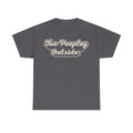 T-shirt with vintage cream script Too Peopley Outside on dark gray fabric