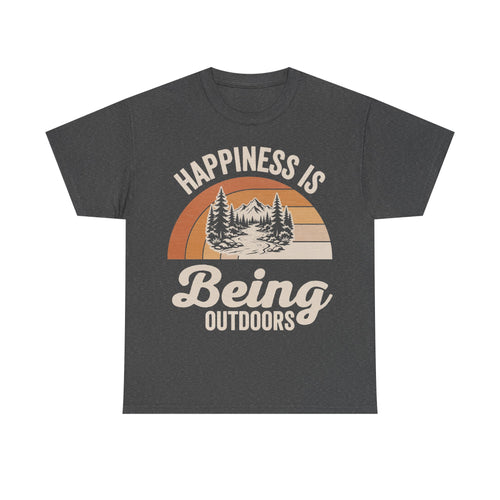 T-shirt, dark heather gray with retro circular sunset design featuring mountains and pine trees and the arched text Happiness Is Outdoors