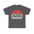Dark gray T-shirt featuring a retro sunset circle with pastel stripes and Introverting In Progress text.