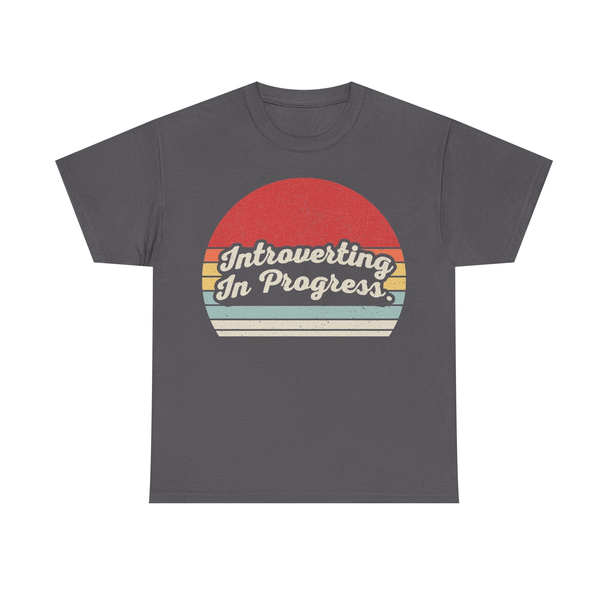 Dark gray T-shirt featuring a retro sunset circle with pastel stripes and Introverting In Progress text.