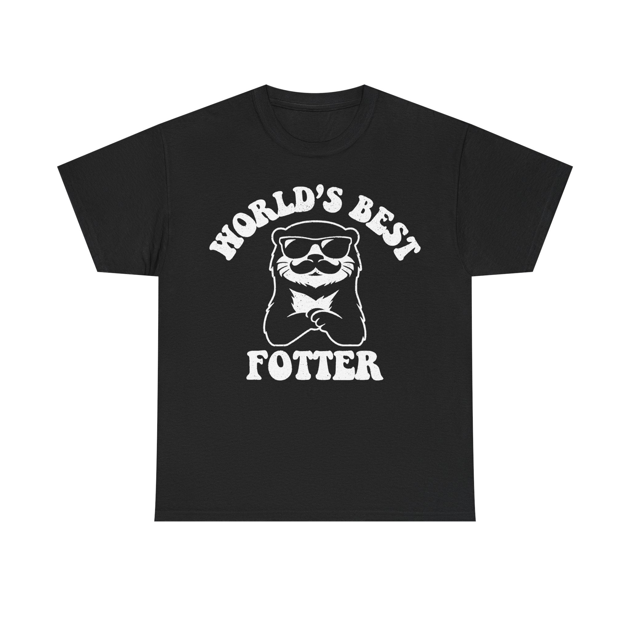Black T-shirt with white retro circular badge featuring an otter wearing sunglasses and mustache, WORLD'S BEST OTTER