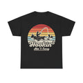 T-shirt, black, retro sunset fishing graphic showing a fisherman in a boat and Hookin' Ain't Easy text