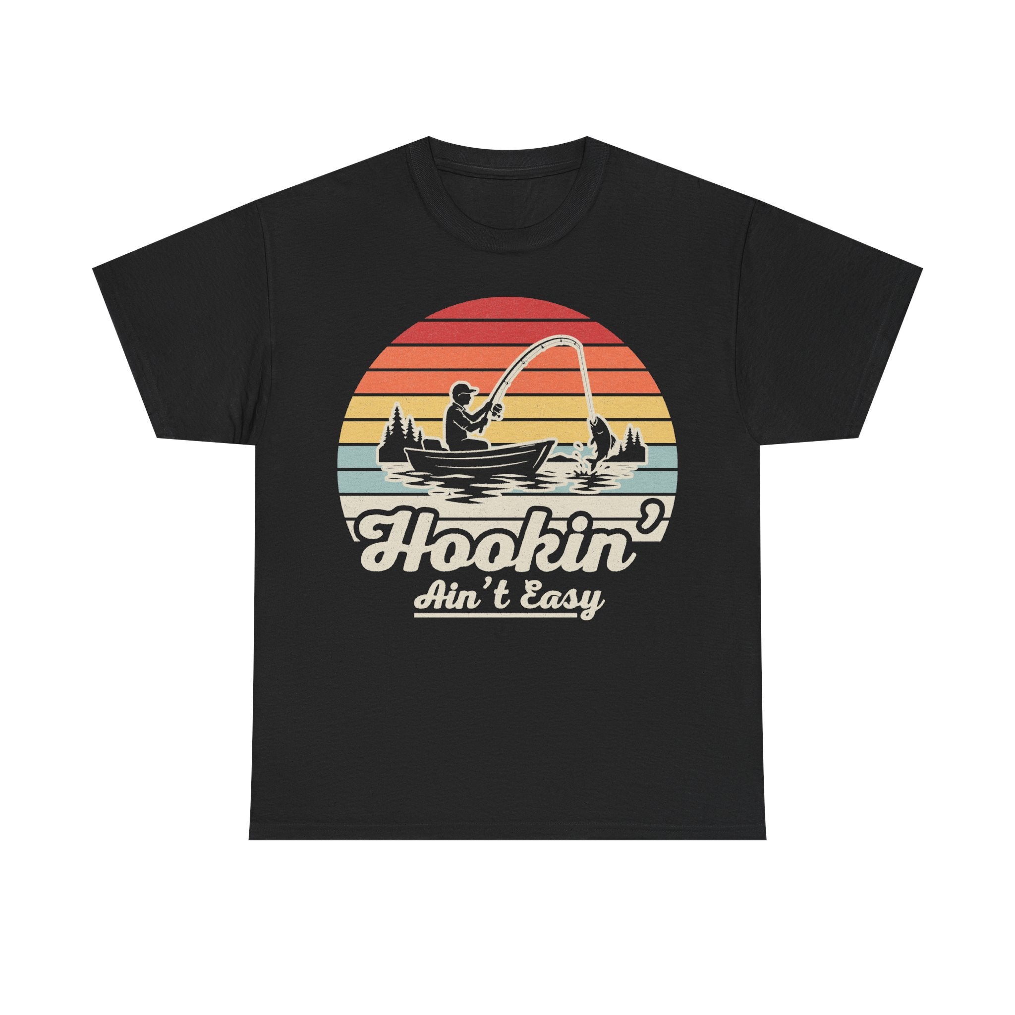 T-shirt, black, retro sunset fishing graphic showing a fisherman in a boat and Hookin' Ain't Easy text