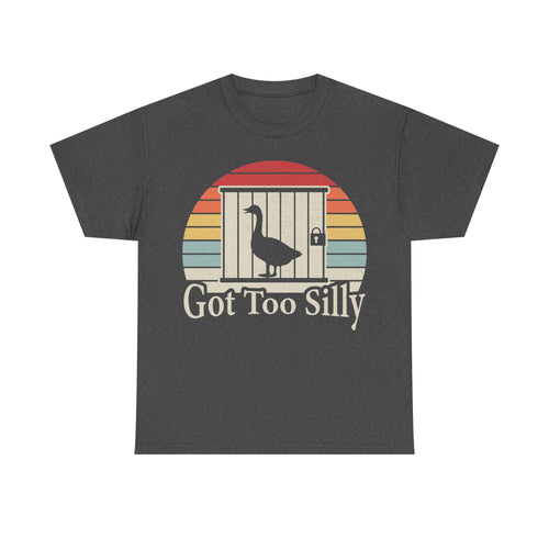 T-shirt with vintage sunset circle graphic featuring a goose behind bars and the text Got Too Silly.