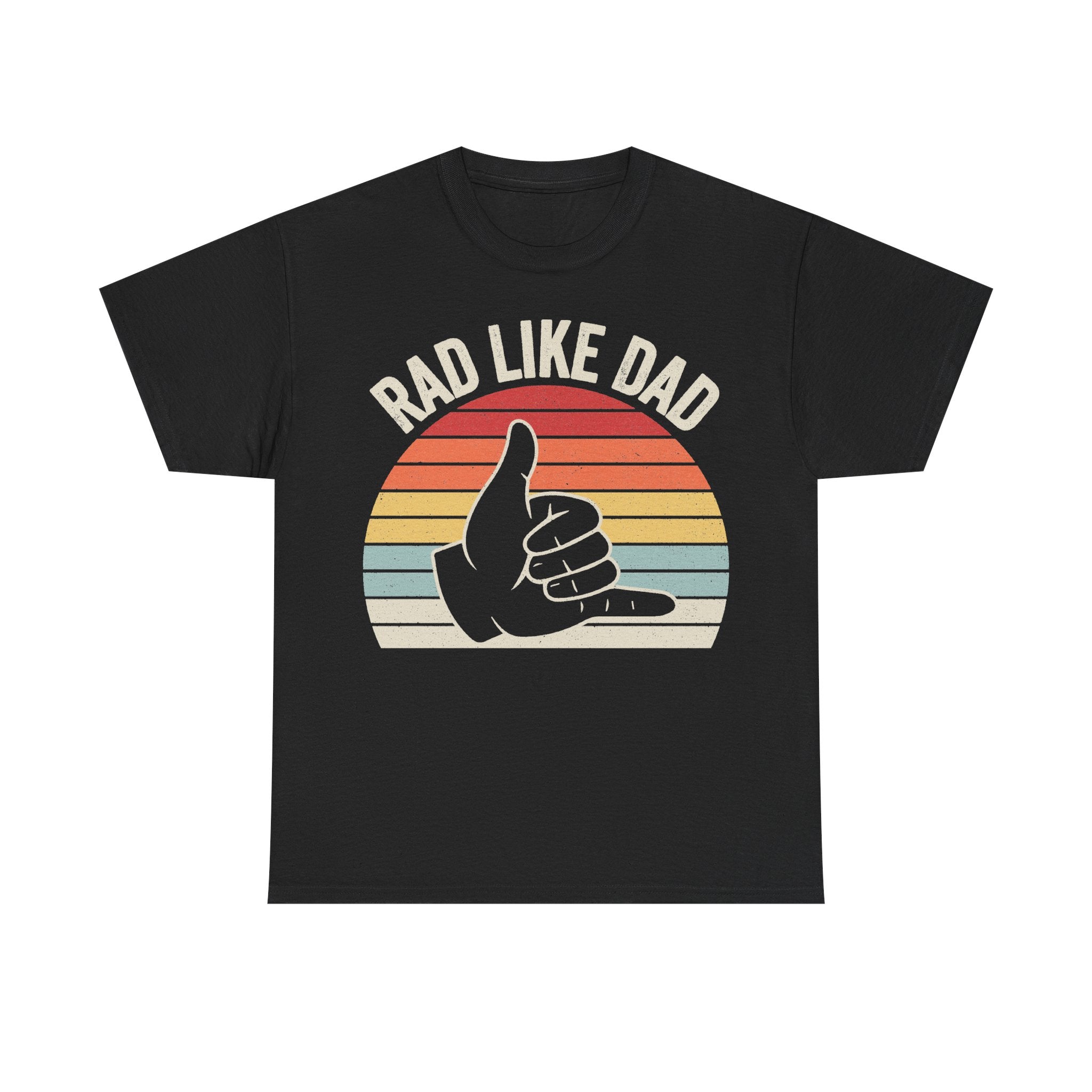 T-shirt, black, unisex casual with retro sunset circle graphic and RAD LIKE DAD text