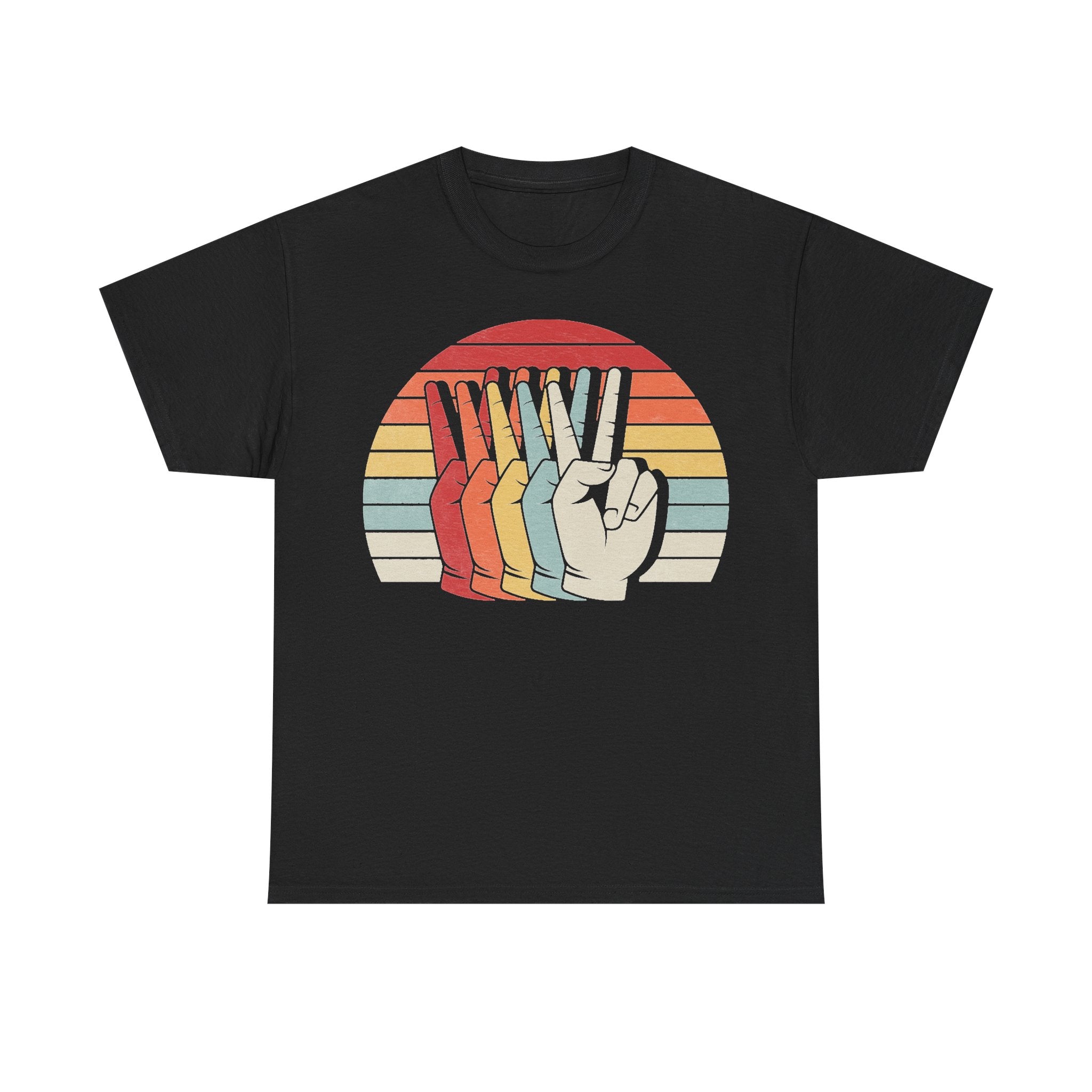 T-shirt with black background featuring a retro rainbow sunset circle and multicolored raised-fist graphic.