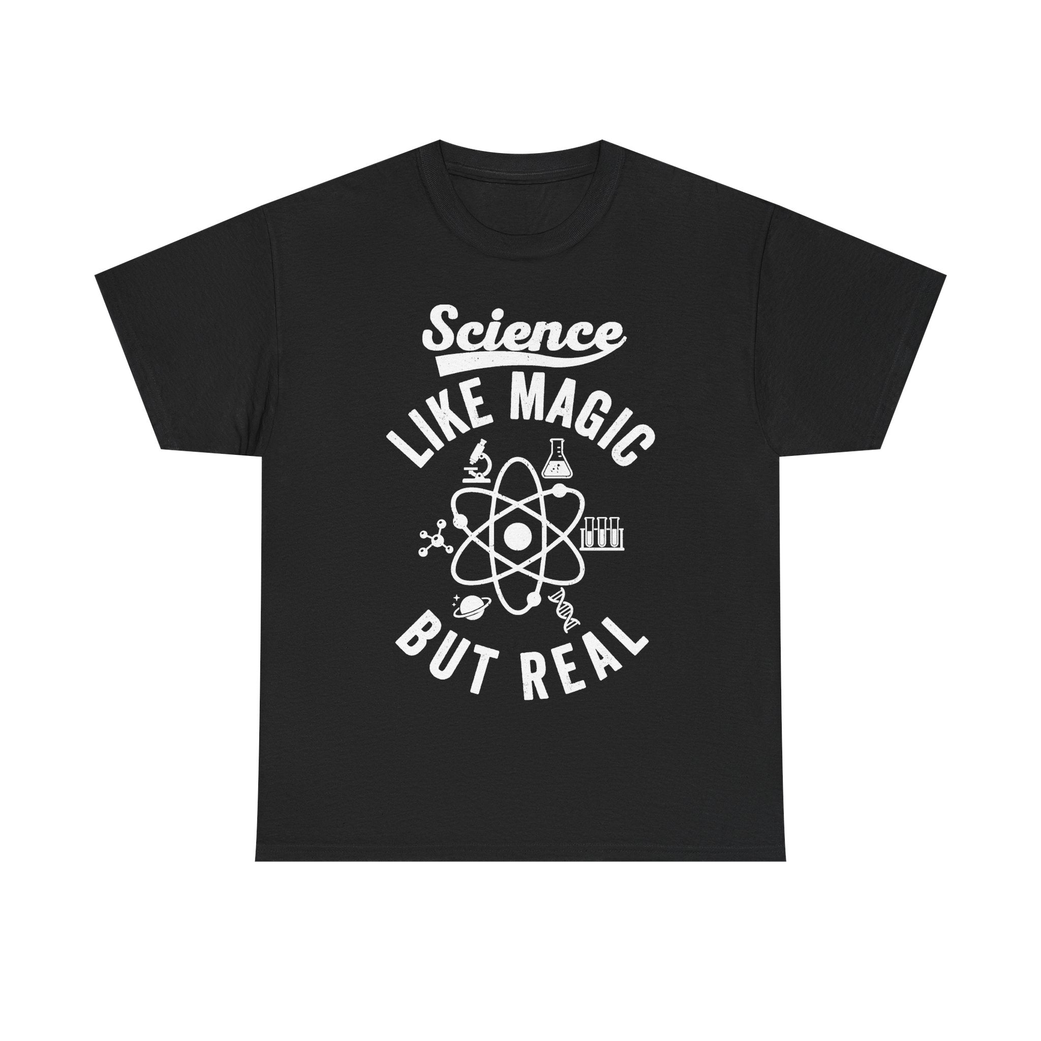 Black T-shirt with white distressed print reading Science Like Magic But Real and science icons.