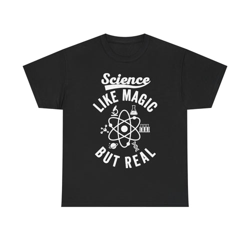 Black T-shirt with white distressed print reading Science Like Magic But Real and science icons.