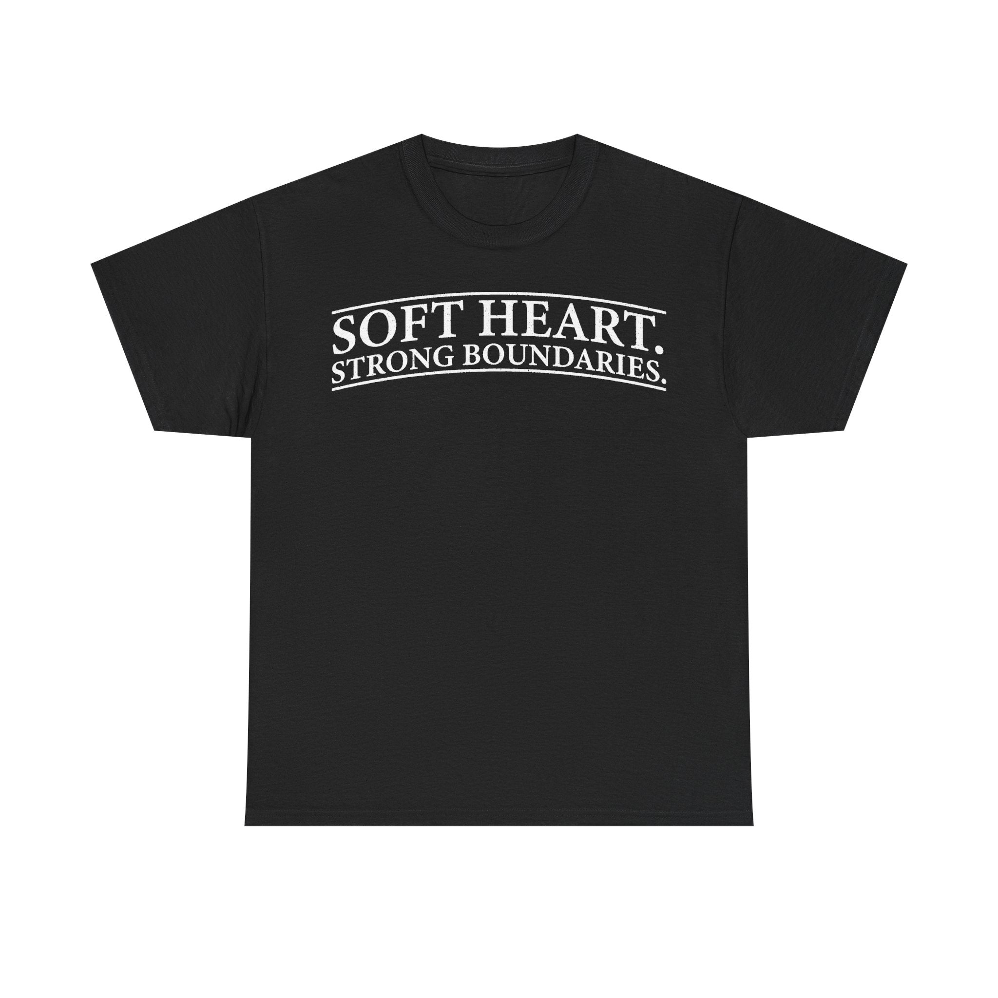 T-shirt black with white curved text reading SOFT HEART STRONG BOUNDARIES.