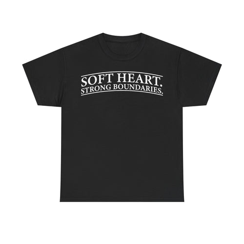T-shirt black with white curved text reading SOFT HEART STRONG BOUNDARIES.