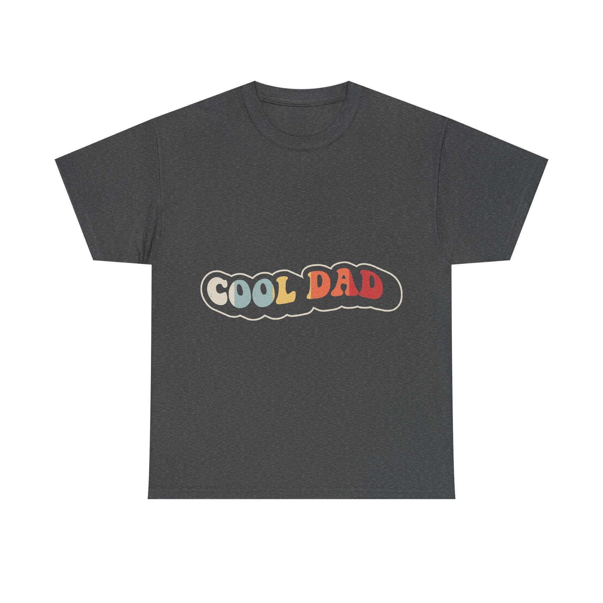 T-shirt in charcoal gray with retro rainbow COOL DAD lettering inside a white cloud outline.