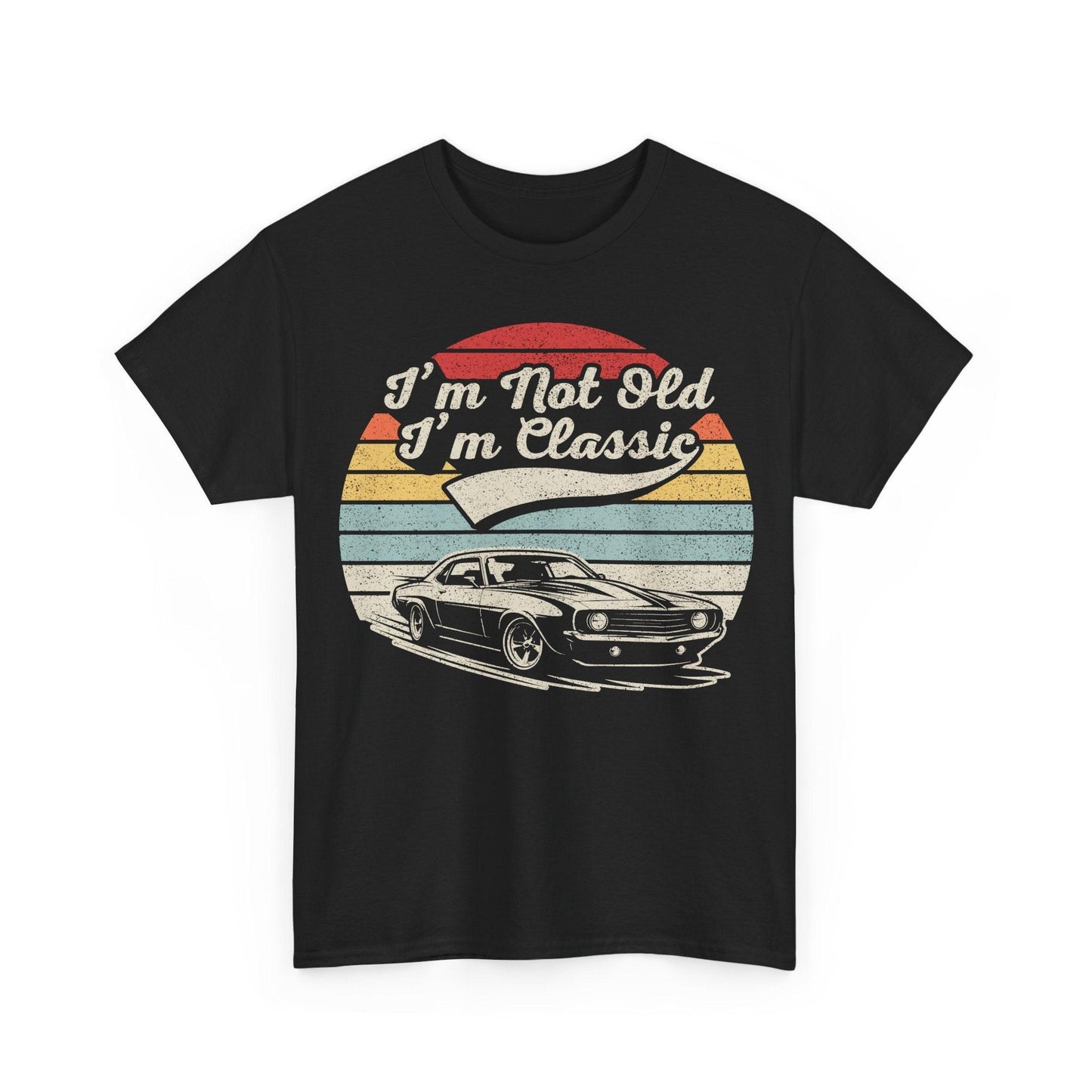 Classic Car Tee vintage muscle car graphic with sunset stripes on soft cotton t-shirt