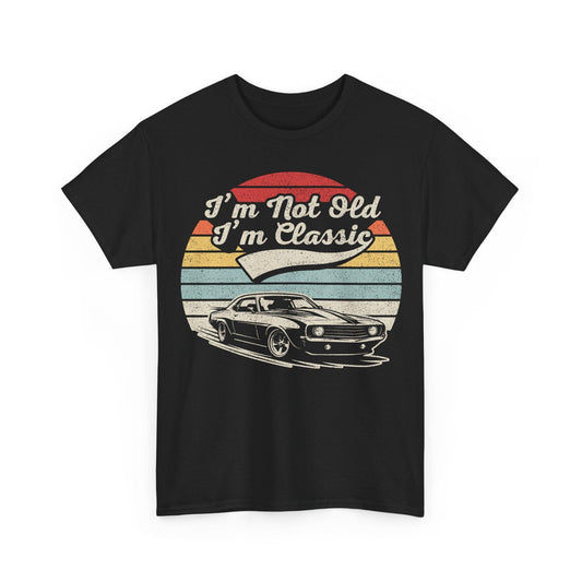 Classic Car Tee vintage muscle car graphic with sunset stripes on soft cotton t-shirt