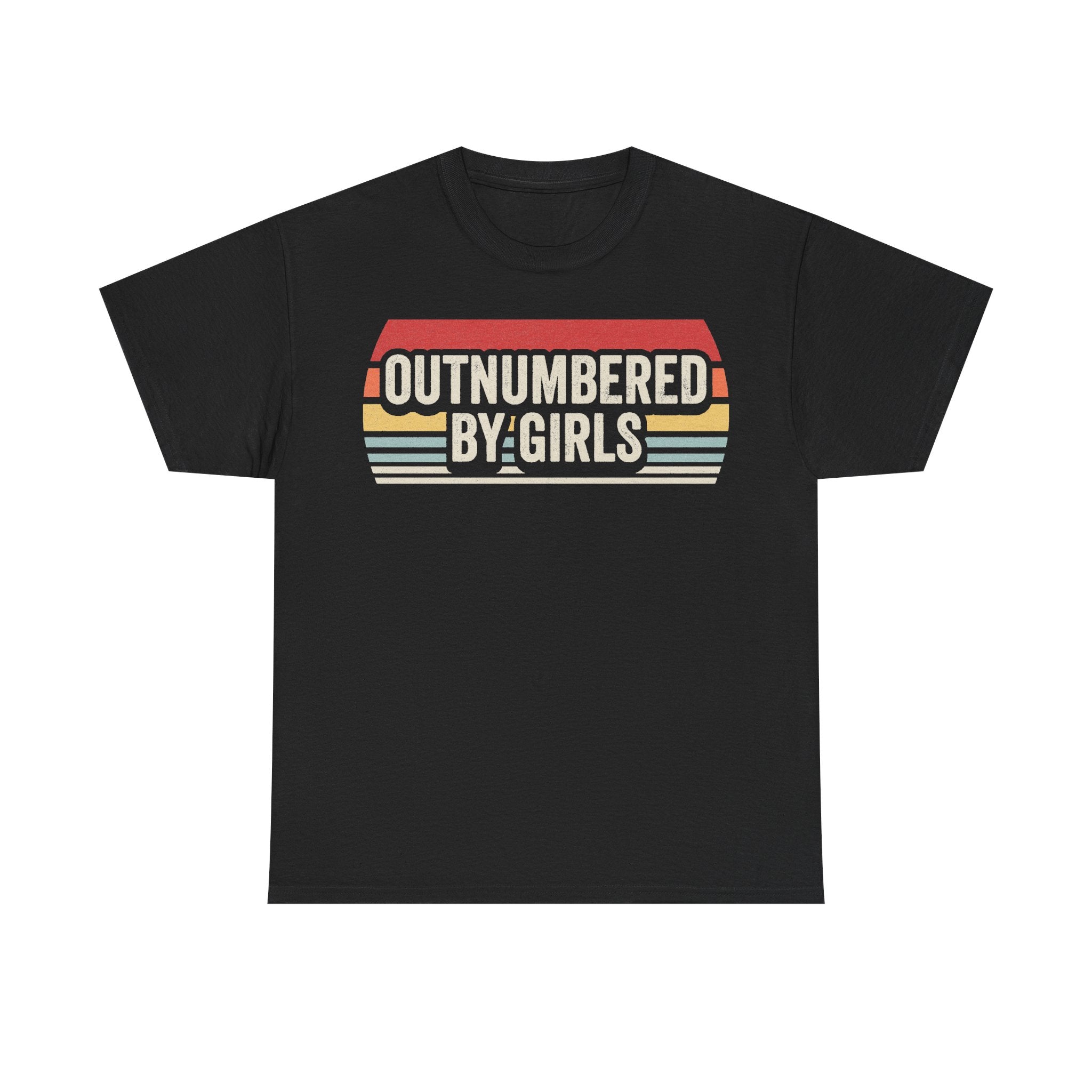 T-shirt with retro sunset typography OUTNUMBERED BY: GIRLS on black fabric with vintage color-bar stripes.