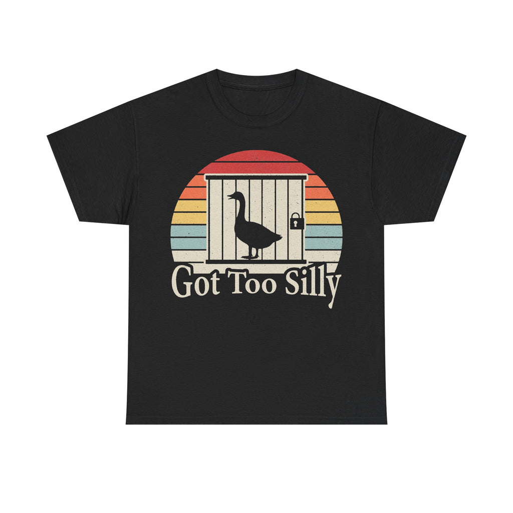 T-shirt with retro sunset and goose silhouette, Got Too Silly text on black fabric.