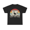 T-shirt with retro sunset and goose silhouette, Got Too Silly text on black fabric.