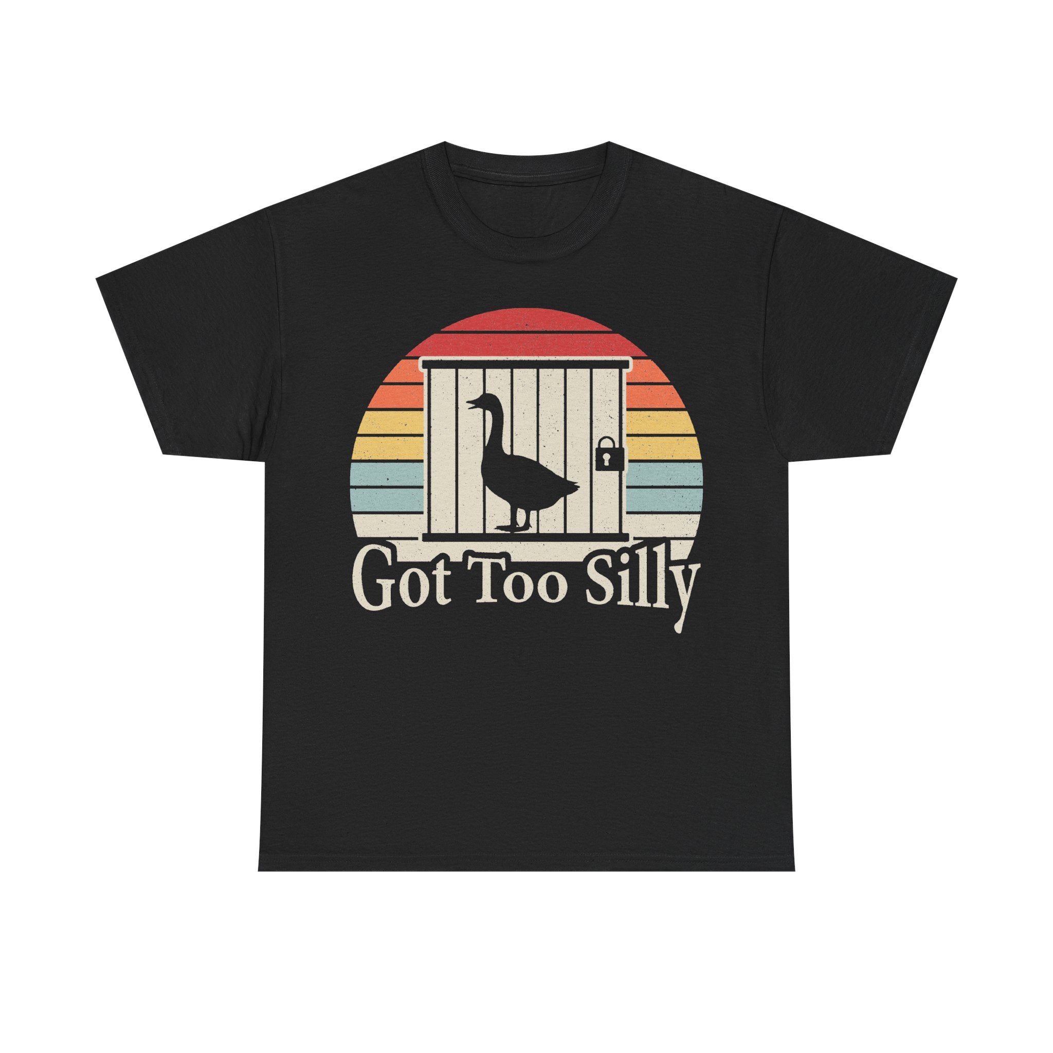 T-shirt with retro sunset and goose silhouette, Got Too Silly text on black fabric.