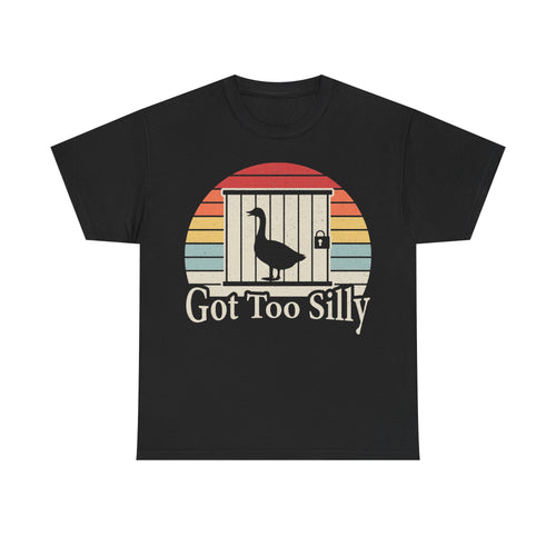 T-shirt with retro sunset and goose silhouette, Got Too Silly text on black fabric.
