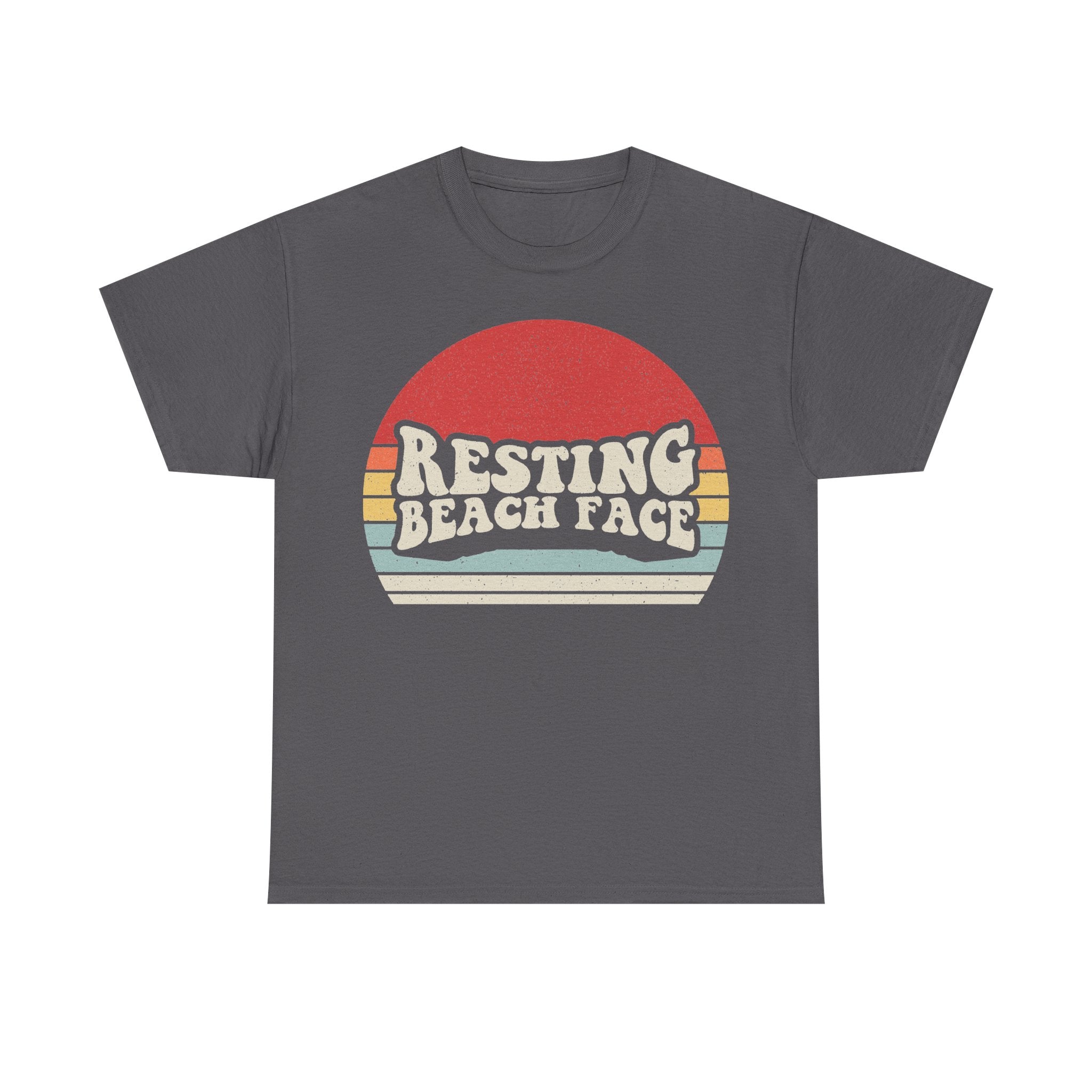 Gray T-shirt featuring a retro sunset circle graphic and bold white text reading RESTING BEACH FACE.