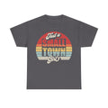 T-shirt with Just a Small Town Girl retro sunset circle graphic in distressed vintage style on dark gray fabric