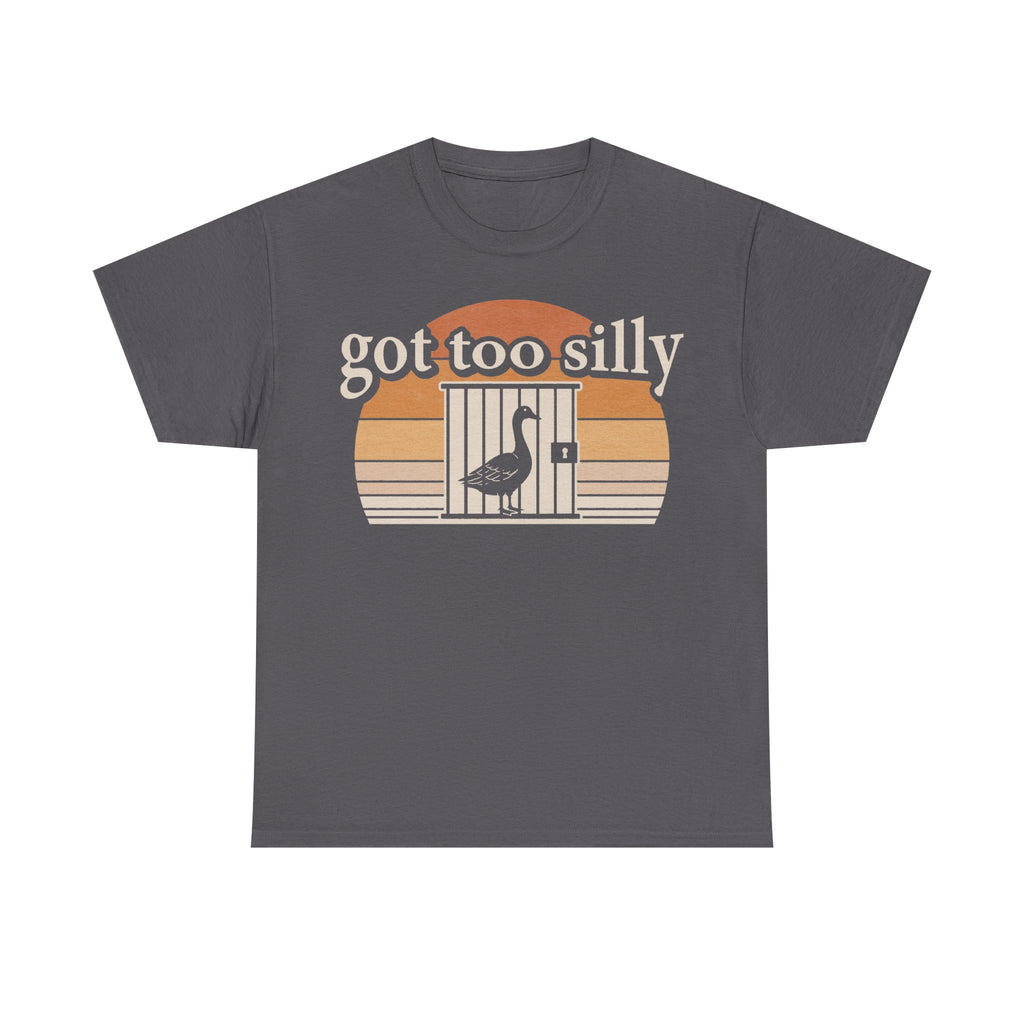 Unisex dark gray T-shirt with a retro orange sunset behind a bird cage graphic and the words got too silly.
