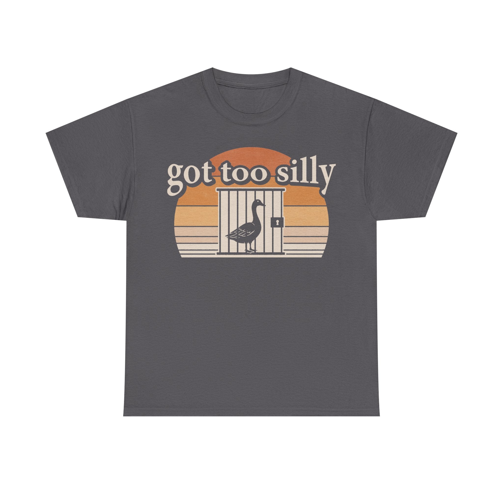 Unisex dark gray T-shirt with a retro orange sunset behind a bird cage graphic and the words got too silly.