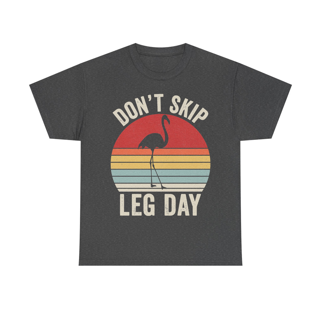 T-shirt with flamingo retro sunset graphic and the text DON'T SKIP LEG DAY on dark gray fabric.