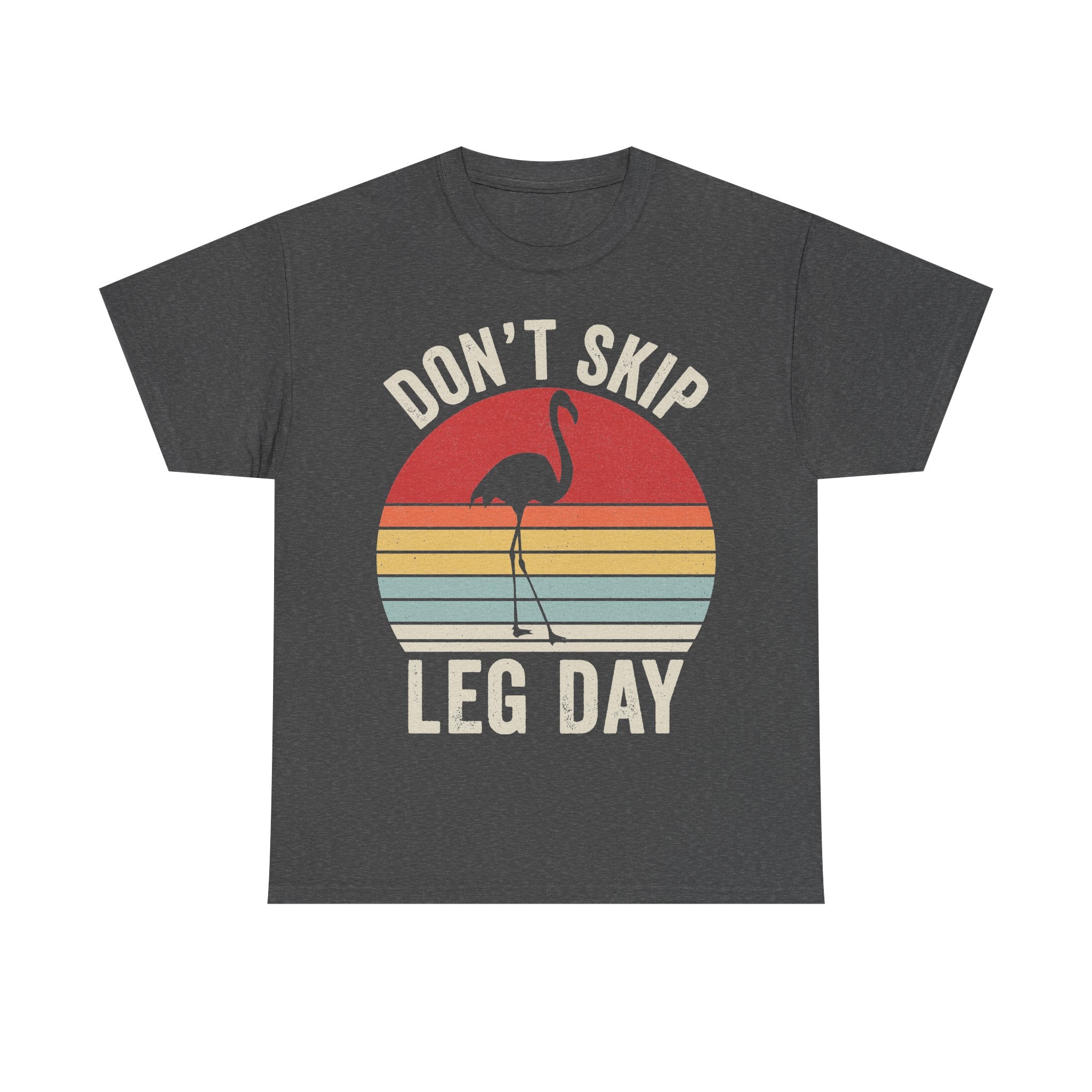T-shirt with flamingo retro sunset graphic and the text DON'T SKIP LEG DAY on dark gray fabric.