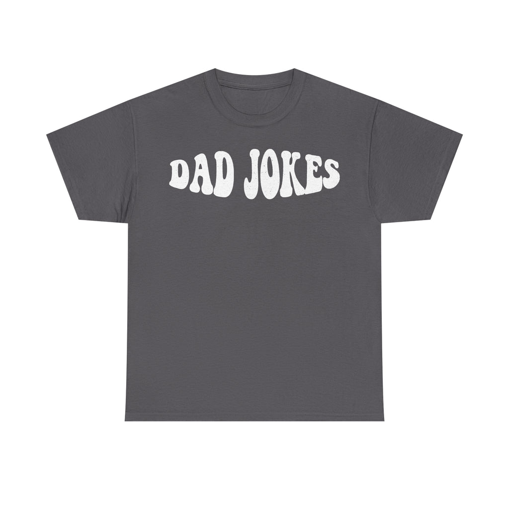 T-shirt in black with bold distressed white DAD JOKES typography across chest.