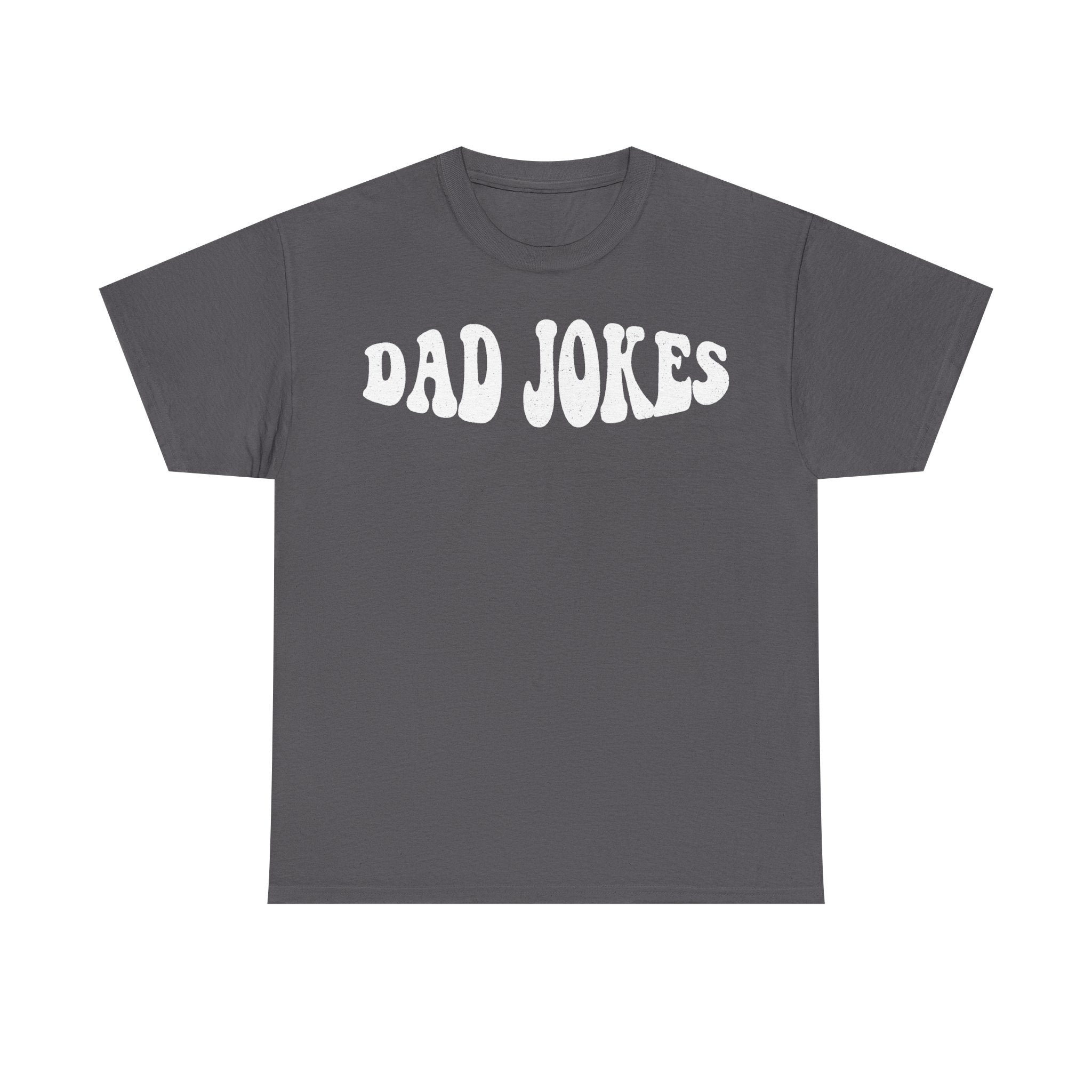 T-shirt in black with bold distressed white DAD JOKES typography across chest.