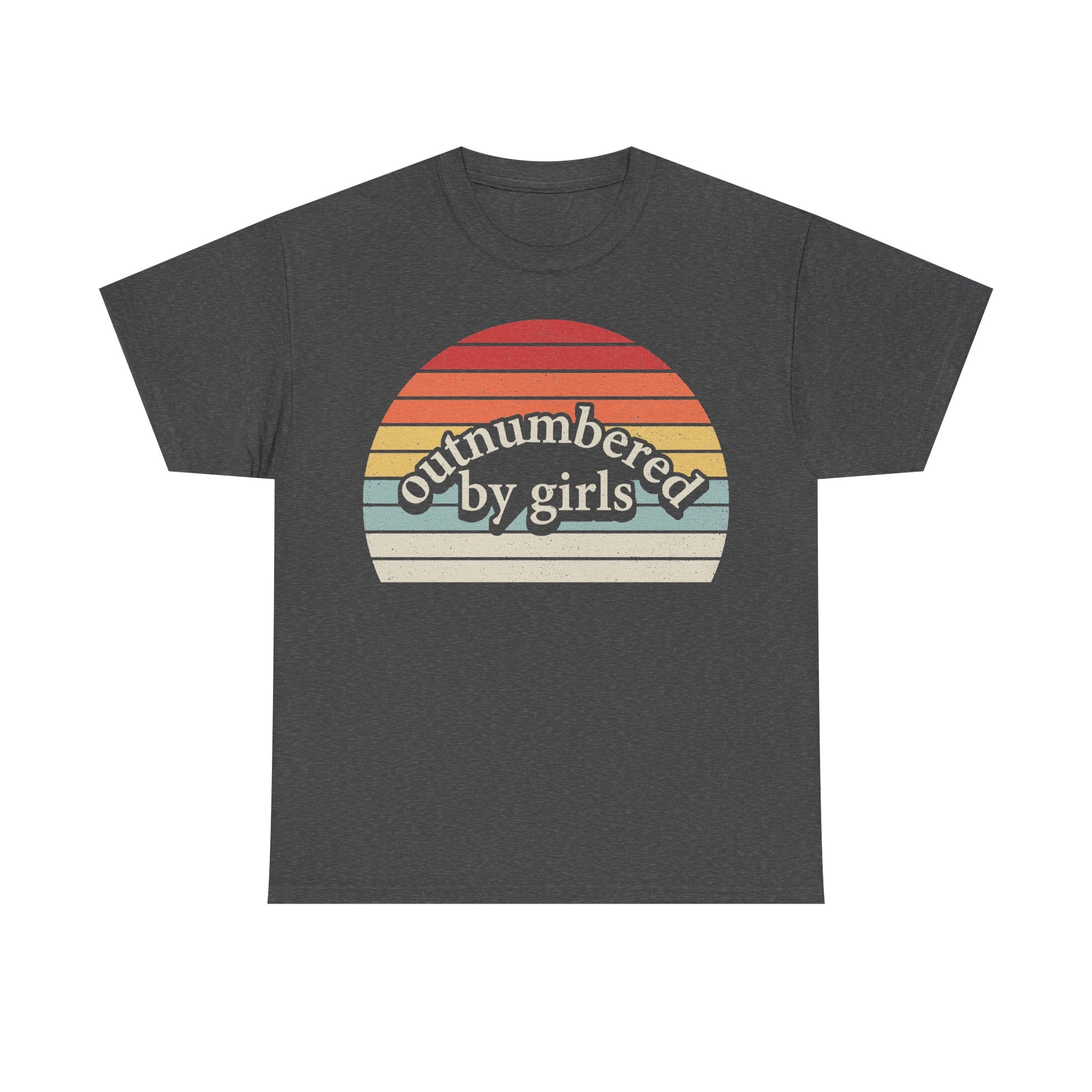 T-shirt in charcoal gray with retro sunset circle graphic and the phrase outnumbered by girls.