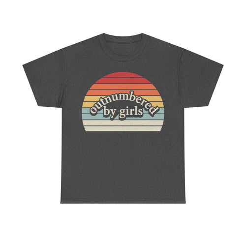 T-shirt in charcoal gray with retro sunset circle graphic and the phrase outnumbered by girls.